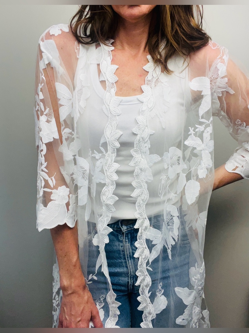 Floral Lace Kimono Duster Cover-Up – White – One Size